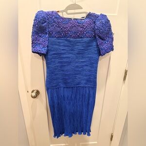 Vintage Royal Blue Lace Evening Dress Puff Sleeve Barbara Chodos Sz 10
